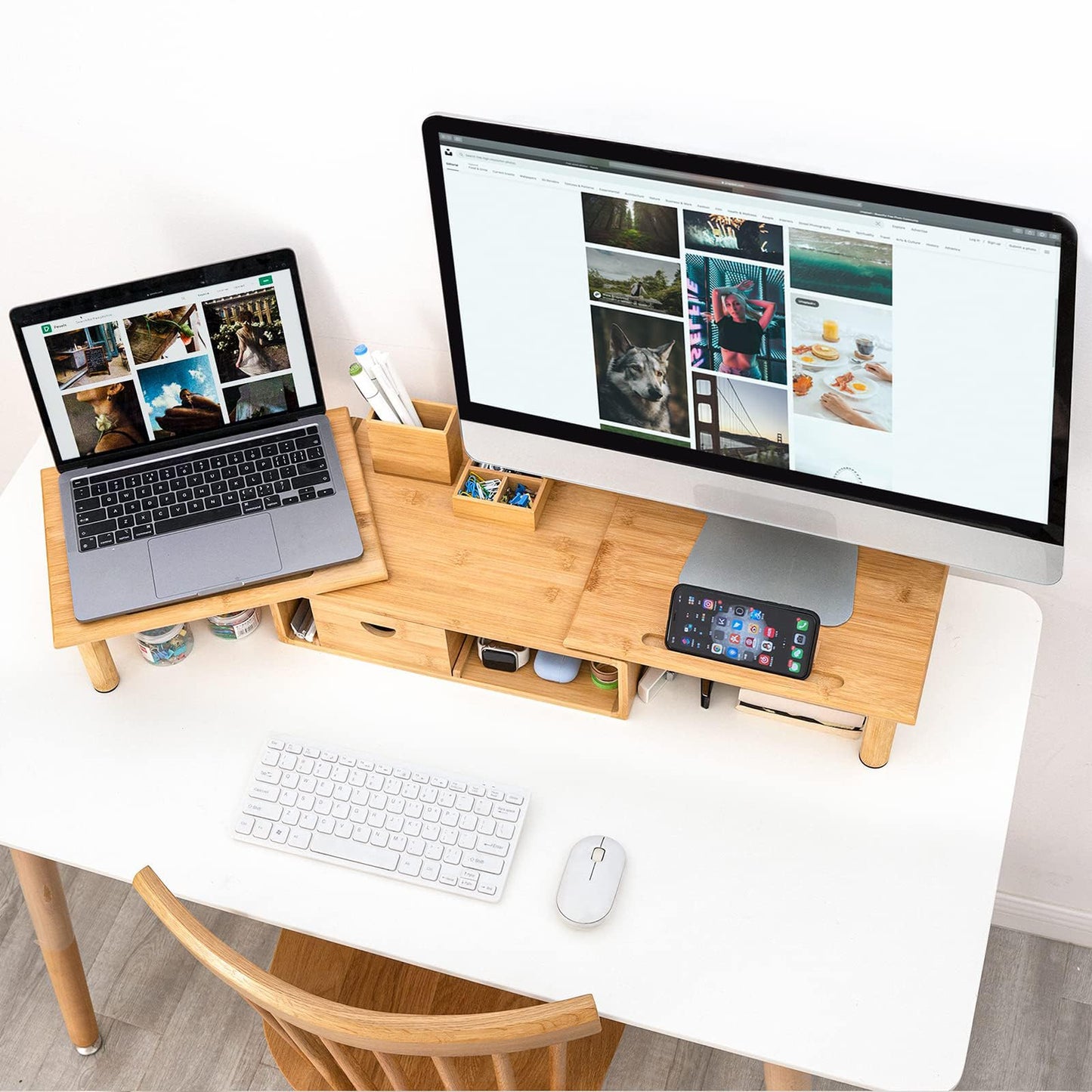 ROCDEER Dual Monitor Stand Riser with Drawer for Desk Laptop Desk Shelf + Wood Vanity Tray, 6-Piece Countertop Organizer Vanity Tray Set