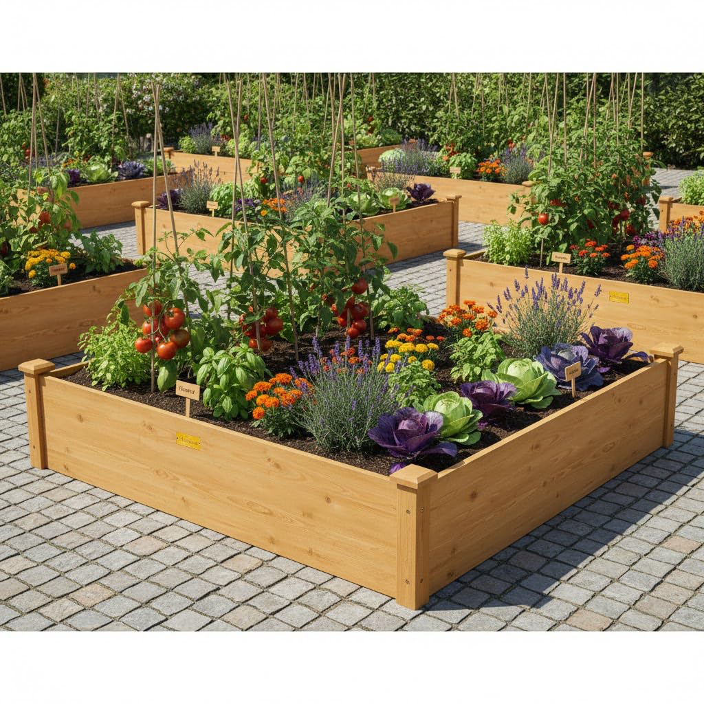 Hollyone 4x4 Raised Garden Bed Wood Frame Planters Wooden Elevated Planting Planter Box for Outdoor Herb Vegetables Flowers Grass Lawn Yard Patio - Natural Brown 48" X 48" inches