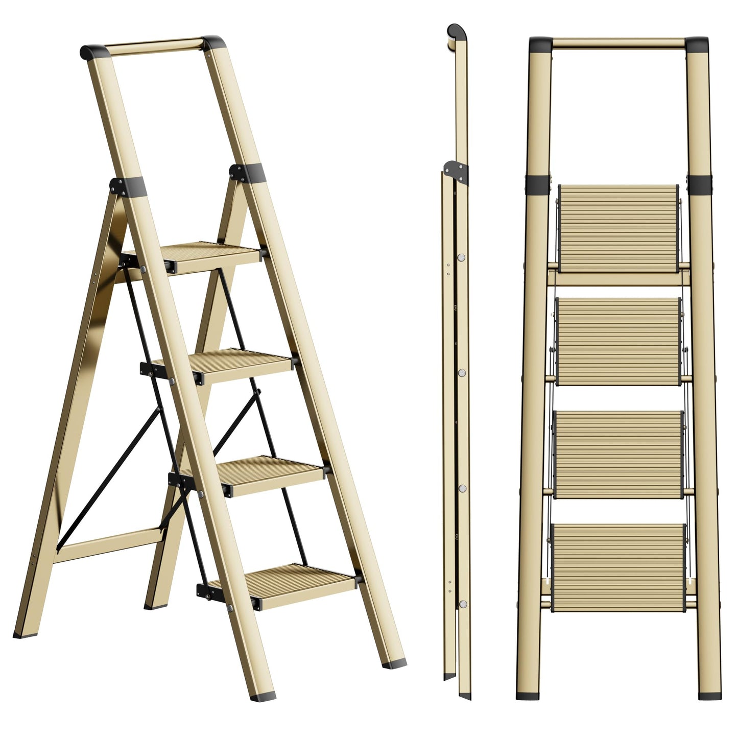 SOLADDER 4 Step Ladder, Folding Step Stool with Anti-Slip Wide Sturdy Pedal and Handgrip, Portable Lightweight Aluminum Stepladder, 300 lbs Capacity, Multi-Use for Home, Library - Brown Gold