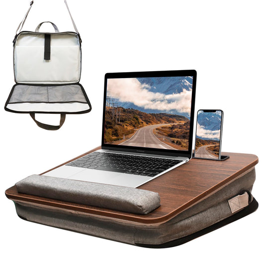 AMFIYQ Lap Desk for Laptop Stand with Cushion, Adults with Storage Fits Up to 15.6in, Combines Features Bag and Pillow Table by Travel, Portable Workstation for Home College Office (Walnut Color)
