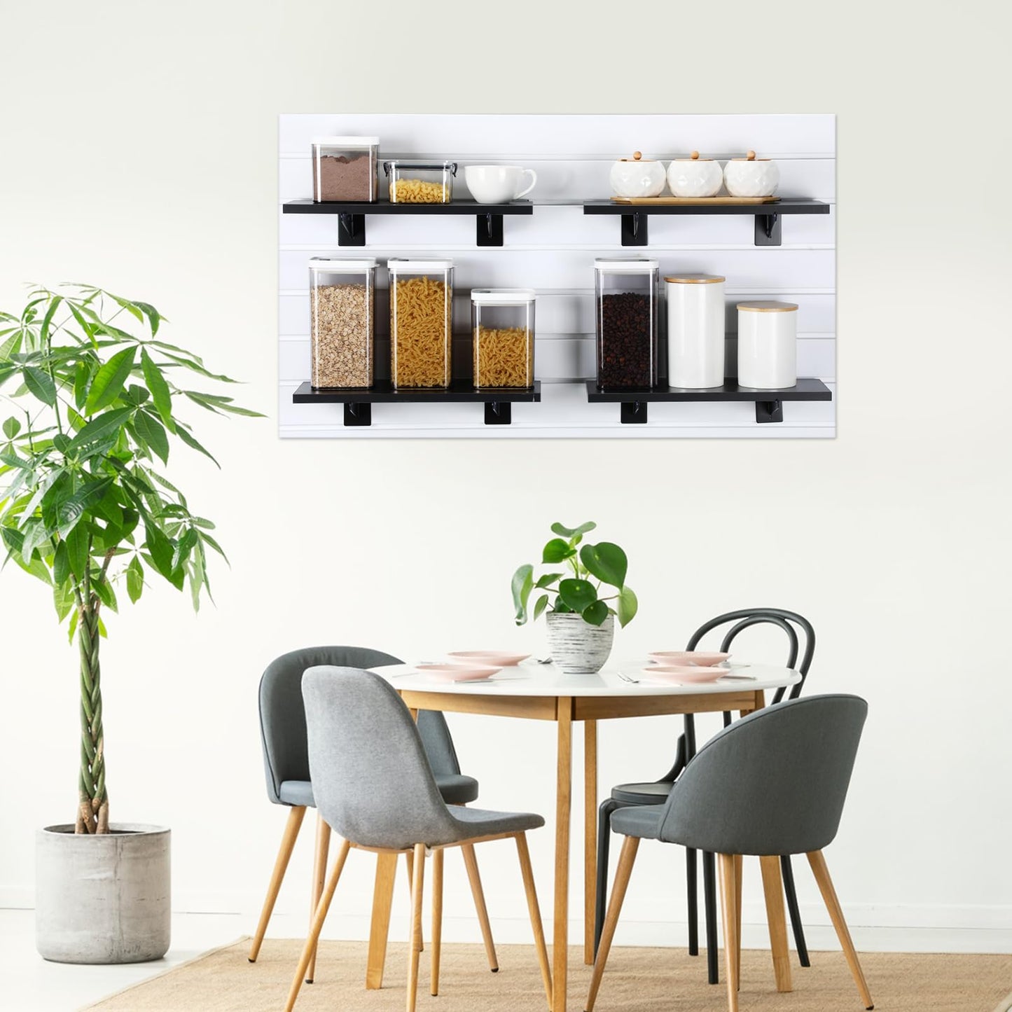 Beeveer 4 Pack Wooden Slatwall Shelf Set 15.7 × 5.9 Inch Black Slatwall Shelves with Metal Brackets Wall Mount Slatwall Shelf Bracket Wall Organizer Slatwall Accessories for Garage Home Retail