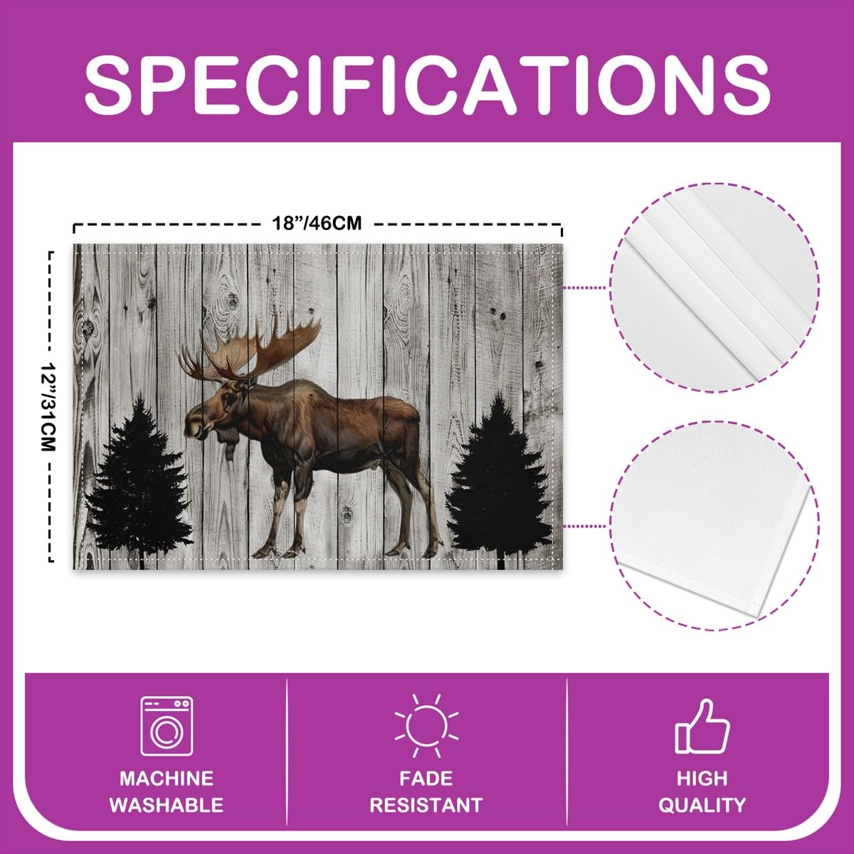 3D Moose Elegant Placemats for Dining Table Set of 4 Barn Door Wooden Stripes Place Mats 12x18 Inch for Restaurant Elk Deer Wildlife Kitchen Table Mats Easy to Clean