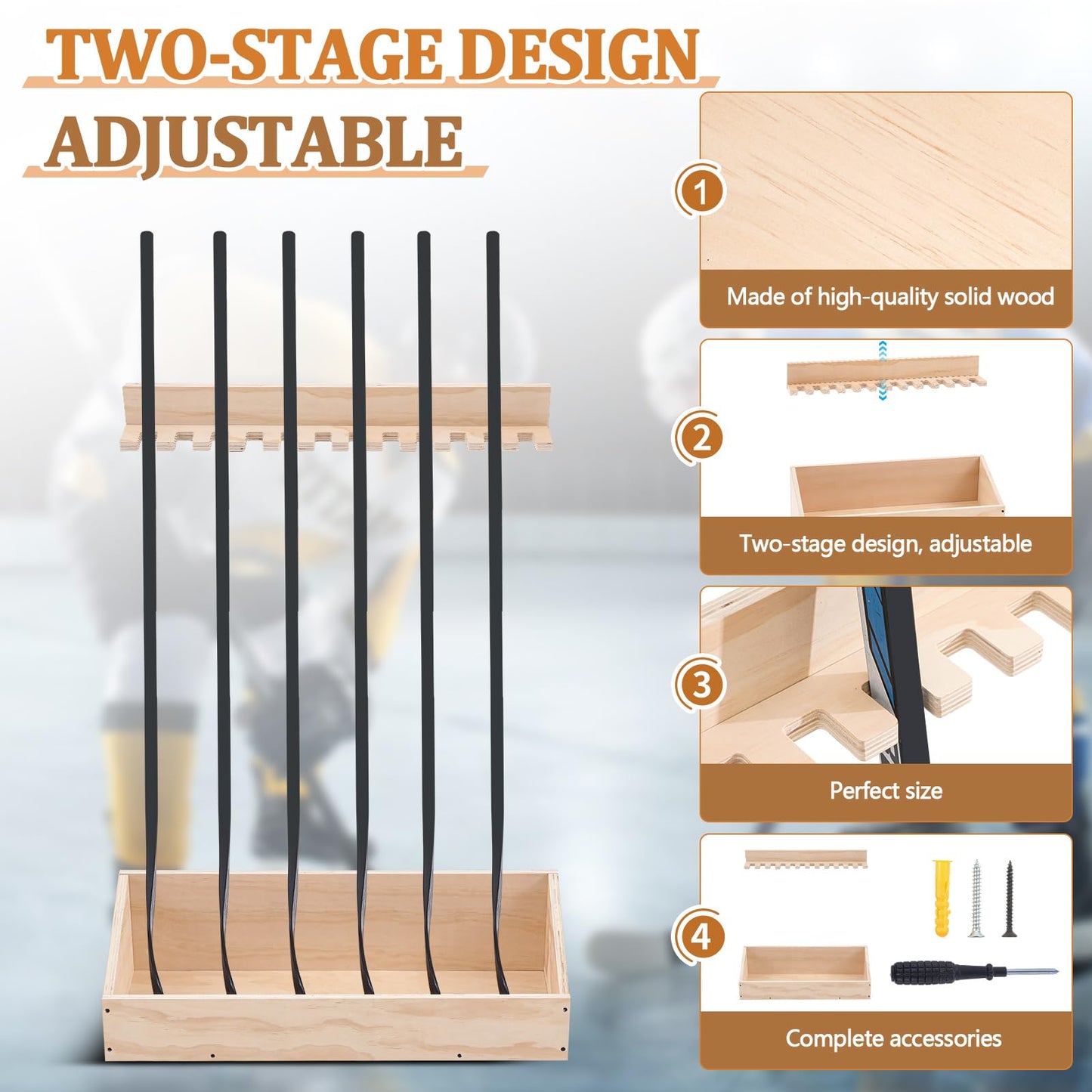 Leinuosen 2 in 1 Hockey Stick Holder Wall Mount for Garage Hockey Stick Wooden Rack Ice Organizer Storage with Vertical Display Large Capacity Organizer Holds up to 12 Sticks for Player Gifts