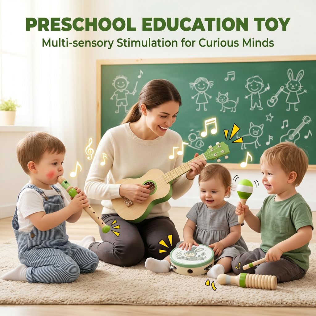Raimy Kids Guitar Set, 7 in 1 Wooden Musical Instruments for Toddlers 3+ Montessori Music Toys Set with Ukulele/Tambourine/Hand Bell/Clarinet/Guiro/Maraca for Boys Girls Birthday Gift (Green)