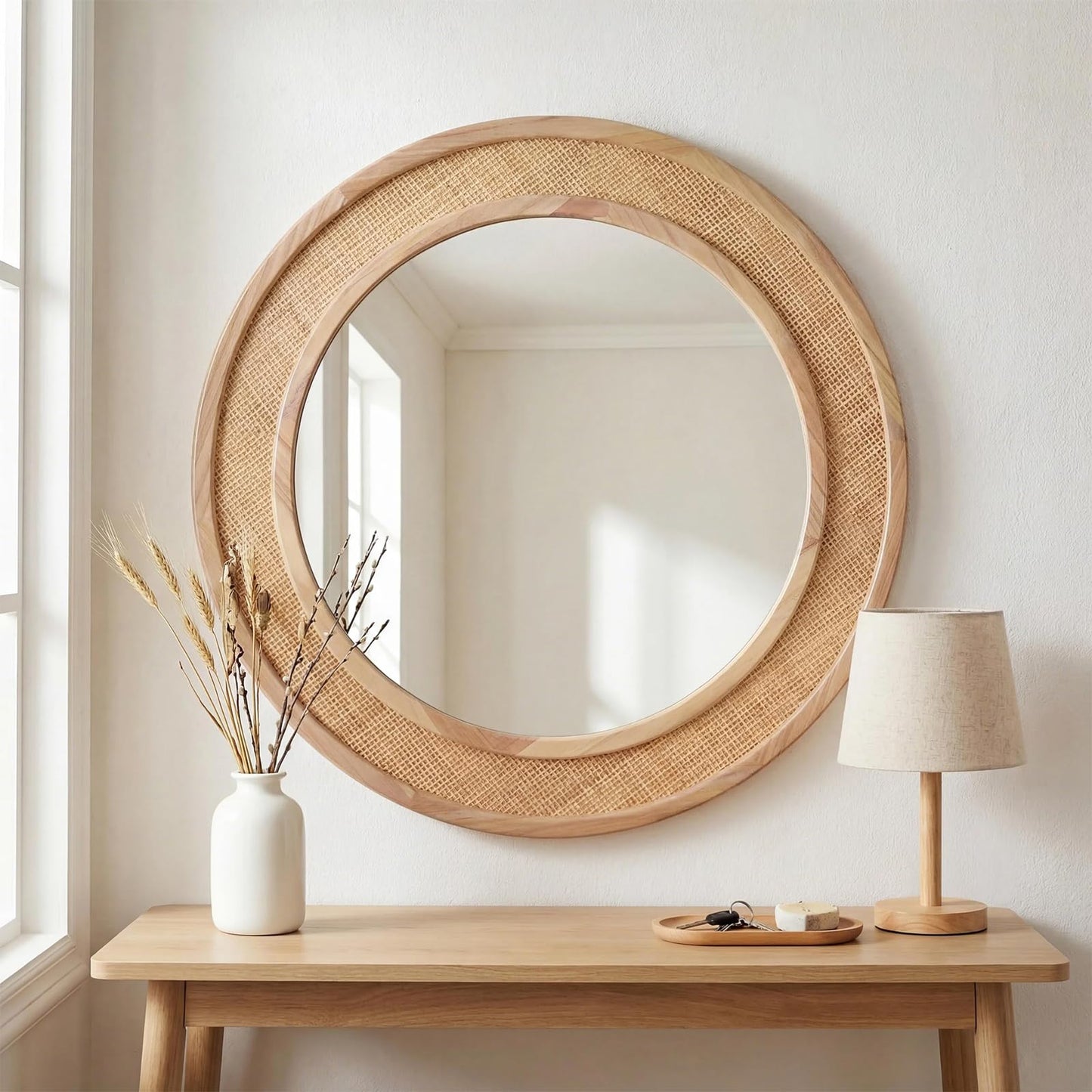 Tunjig 24" Round Rattan Mirror, Circle Wall Mirror, Farmhouse Wooden Vanity Mirror with Handmade Wicker Frame, Decorative Boho Mirror for Nursery Bedroom Living Room Entryway Nature