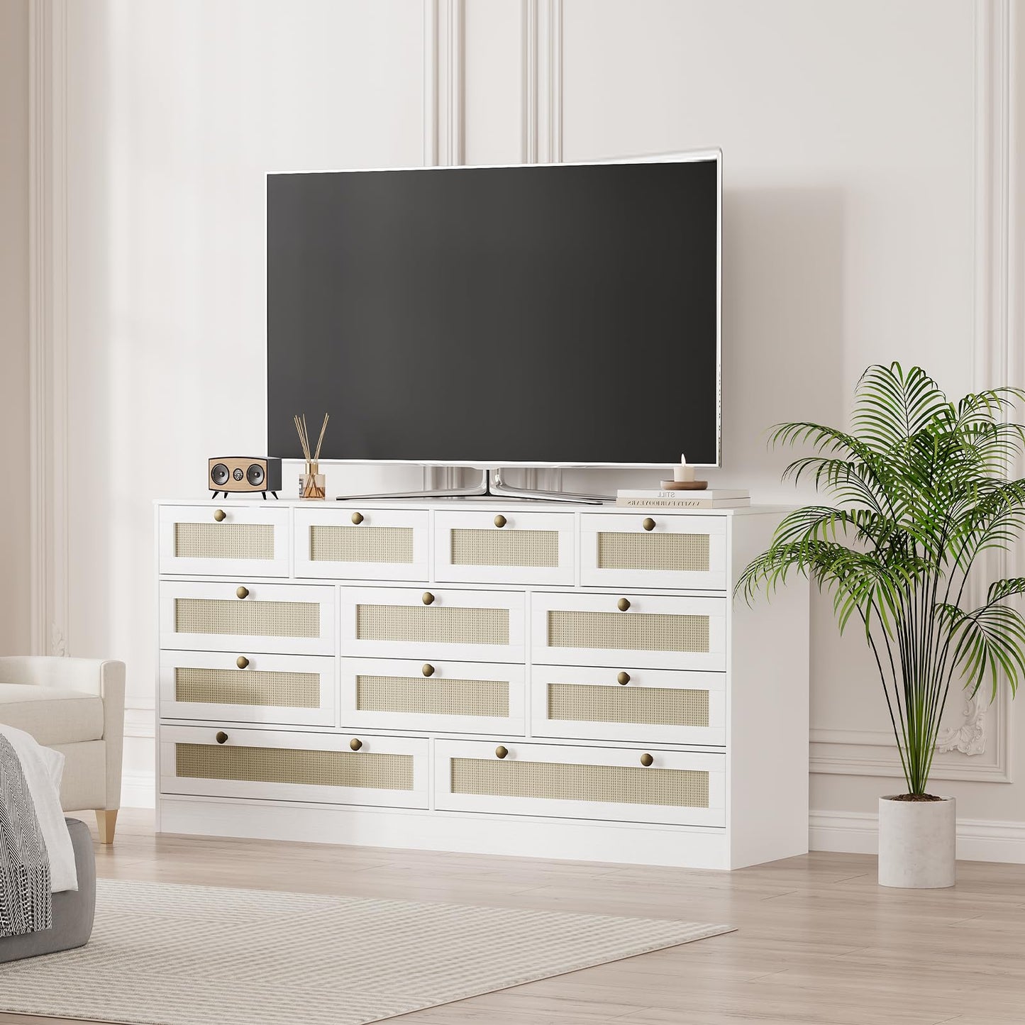 GarveeHome 12 Drawer Wooden Dresser for Bedroom, Rattan Chest of Drawers for Closet, Living Room, Hallway, 61 Inch Wood Wide TV Stand Dressers for 65 Inch TV, Modern Dresser for Adult Room