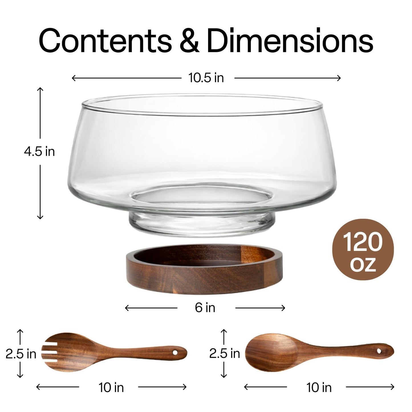 MIAMIO - Glass Salad Bowl Set with Wood Base (120 Oz), Large Salad Bowl with Serving Utensils/Glass Fruit Bowl/Trifle Dish/Large Glass Serving Bowl with Acacia Wooden Stand