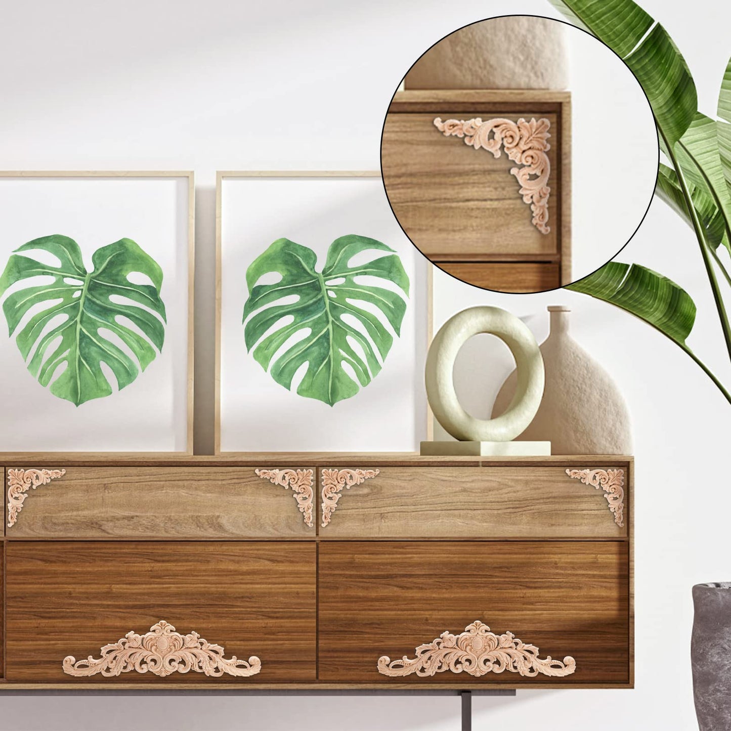 Coloch 12 Pieces Wood Appliques Onlays, Decorative Wooden Applique Trim Carved Unpainted DIY Onlay for Bed, Door, Cabinet, Dresser, Wardrobe, Furniture Decoration, 2 Sizes