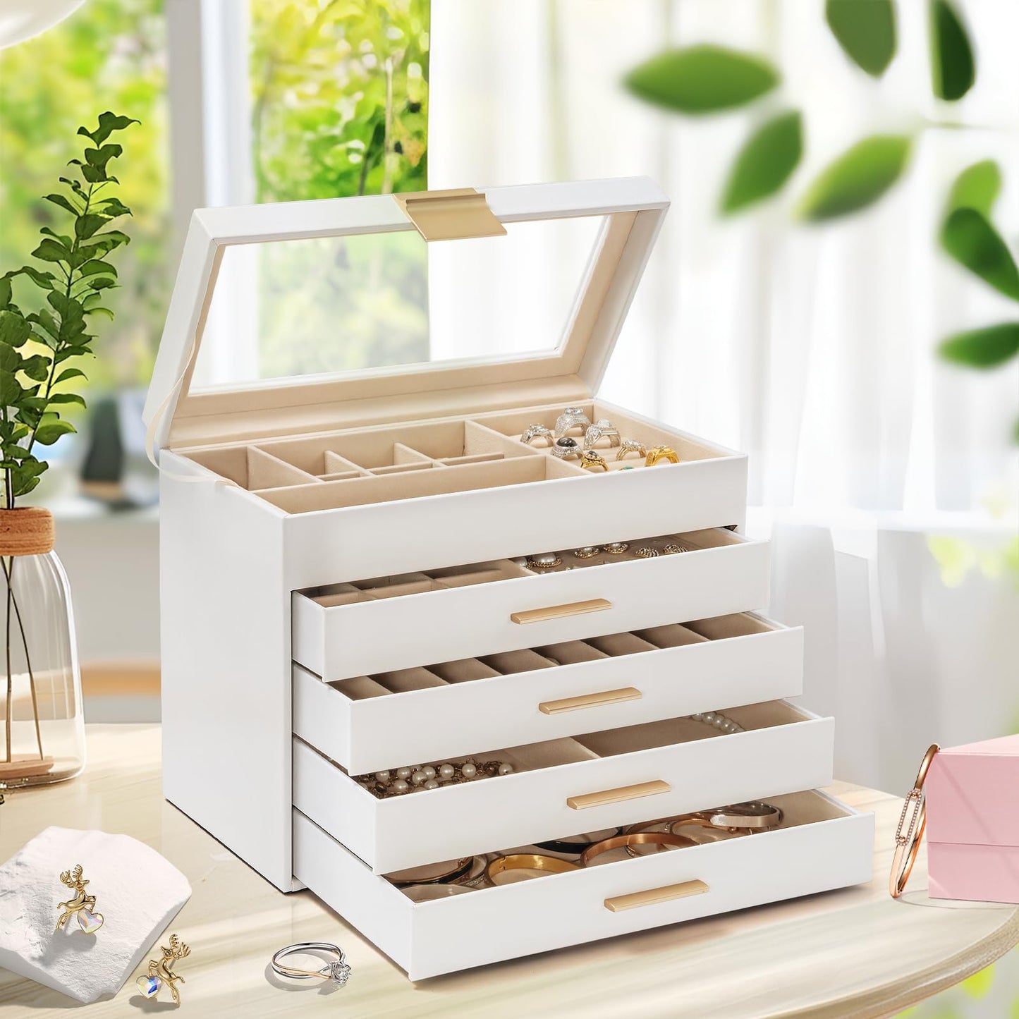 AKOZLIN 5-Tier Jewelry Box with Clear Glass Lid Functional Leather Jewelry Storage Organizer Case 4 Drawers for Women Girls Necklace Ring Bracelet Earring