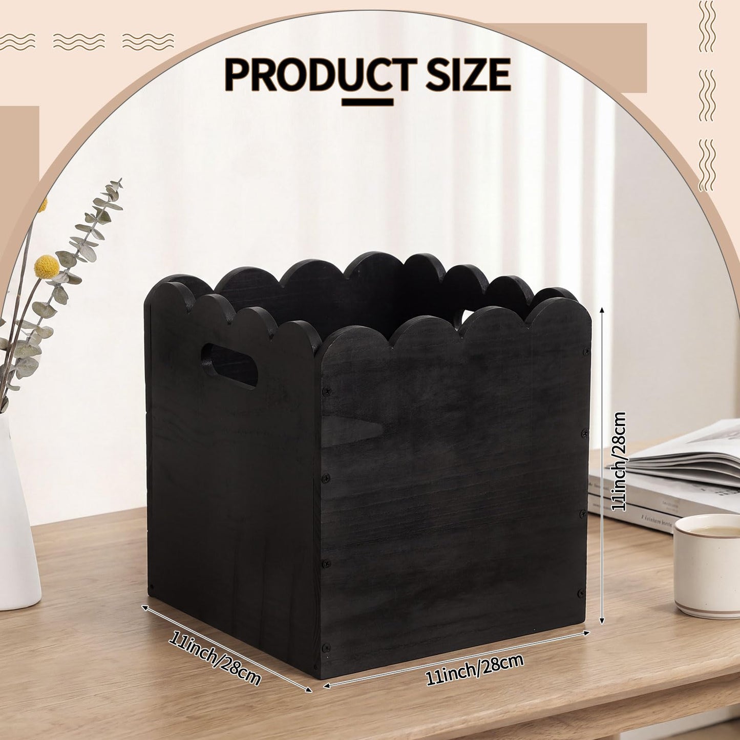 LemonRoad 2 Pcs 11 Inch Wooden Storage Bins with Scalloped Edge Stackable Wooden Storage Cubes Black Decorative Wood Crates for Book Shelves Vinyl Records, Pantry Closet Toys, Easy Assembly