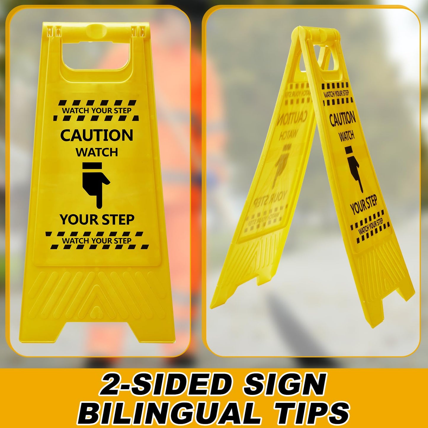Amylove 3 Pcs Caution Watch Your Step Sign, 24" Height, Safety Bright Yellow Double Sided Floor Heavy Duty A-shaped Frame Design Plastic Warning Caution Sign for Home Yard Outdoor Wet Floor Step