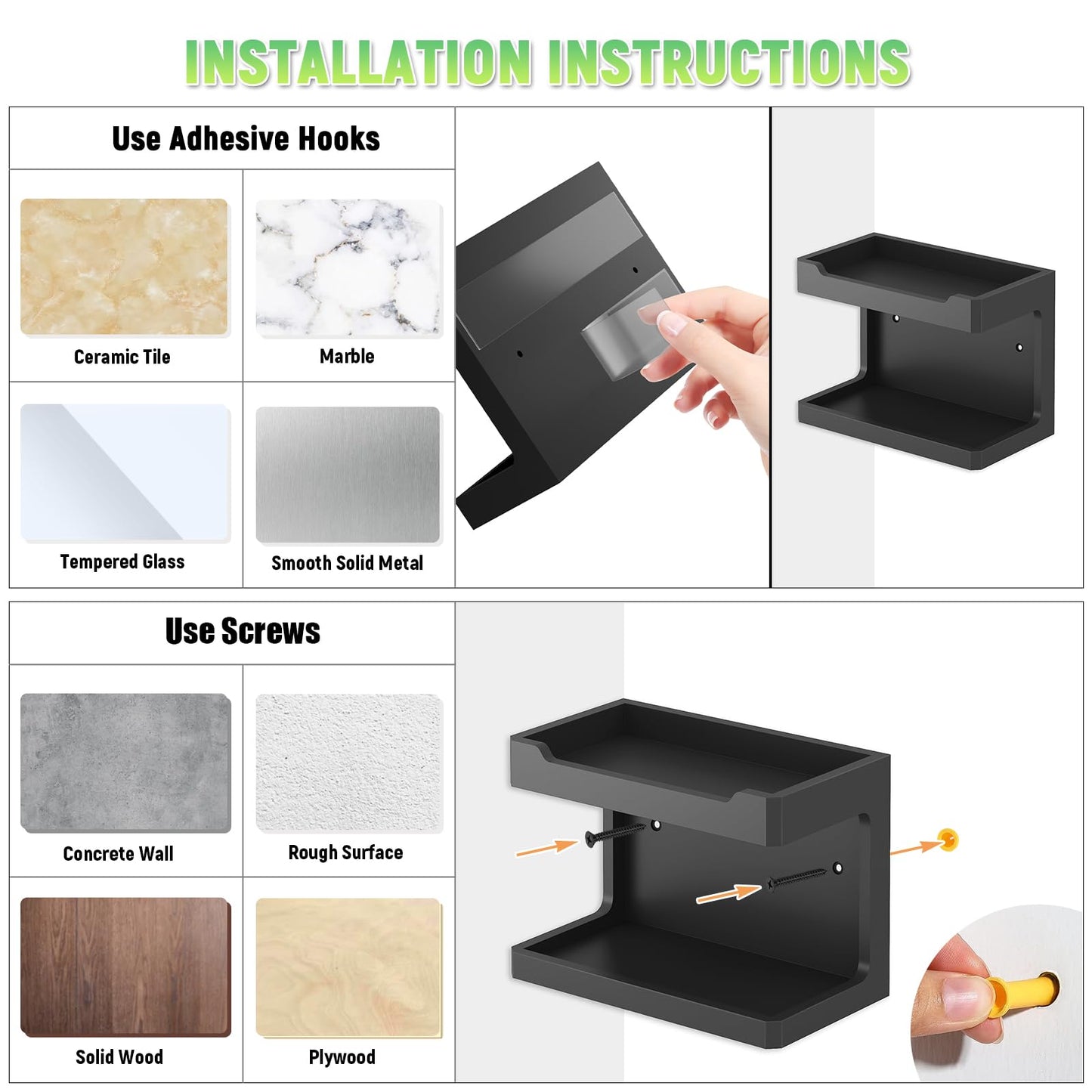 NiHome Large Wall Mounted Wooden Bedside Organizer, Double Storage Shelves & Magnetic Hooks, Solid Wood Bedside Shelf for Phone Glasses Remote Keys, Space-Saving Wall Rack for Bedroom RV Dorm (Black)