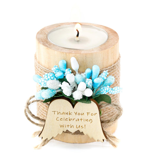 10 Wooden Angel Wing Tealight Candle Holders for Baby Baptisms, Party Favors, Gender Reveal Party Favors, with Personalized Tags, Bautizo del bebé. (Light-Blue)