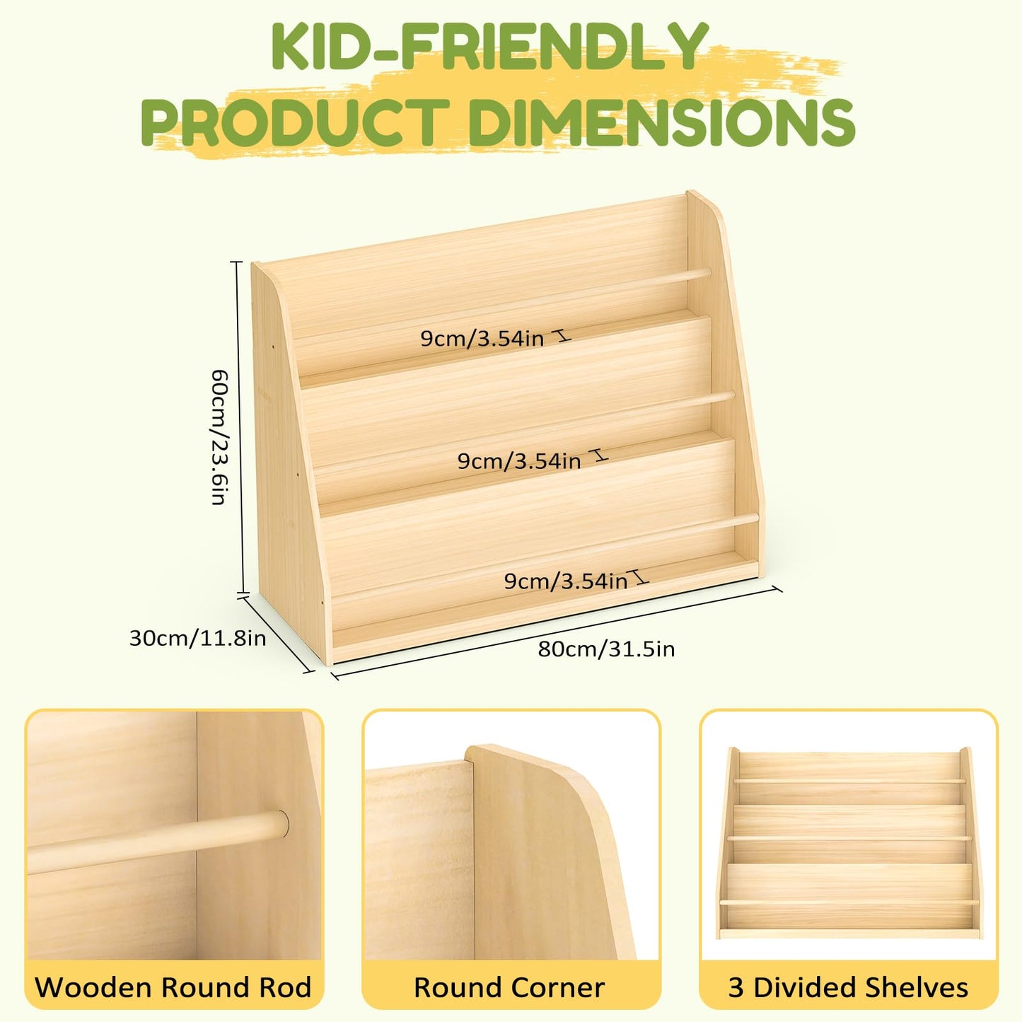 XiaZ Kids Bookshelf, Wooden Montessori Bookshelf for Toddlers with Front-Facing Display, Baby Book Display Shelves for Small Spaces, Childrens Book Organizer for Playroom, Nursery & Classroom, 3-Tier