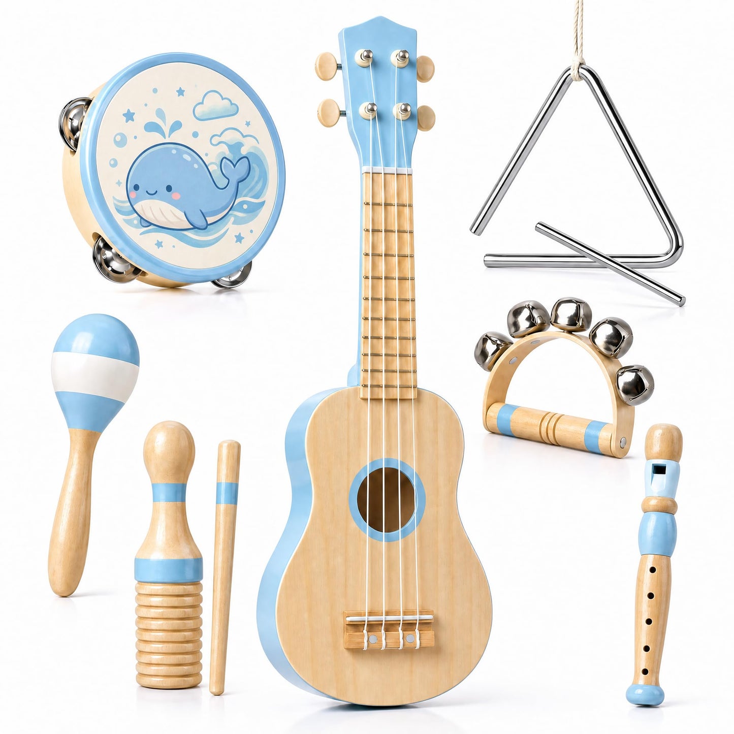 Soundo Kids Musical Instruments Set - 7P Toddler Ukulele for 2+ Year Old Boys Girls, Birthday Gifts for Kids 2 - 5, Christmas Wooden Toys, Party Kit with Ukulele, Maracas, Tambourine (Blue)