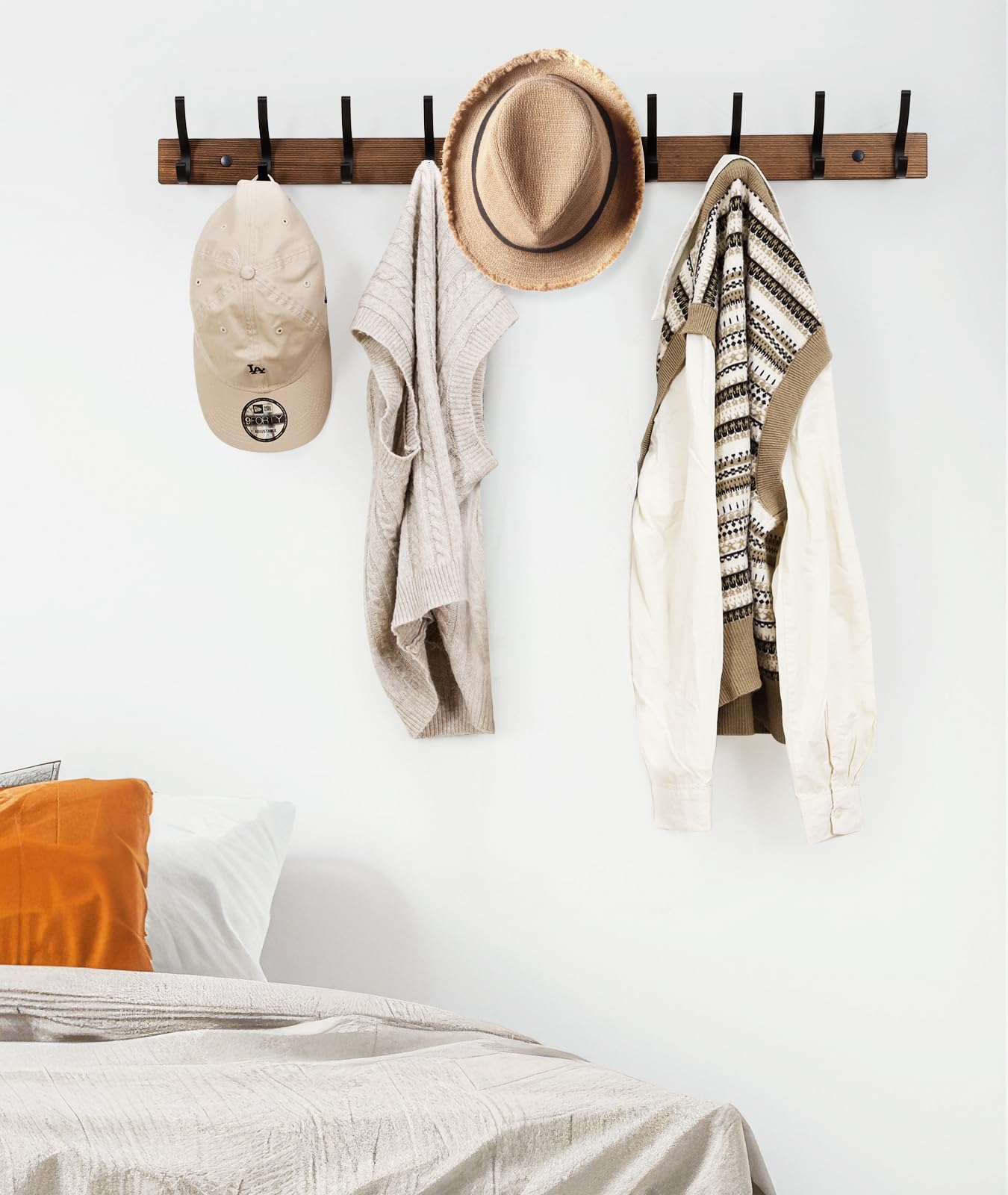 Optish Coat Rack Wall Mount, 16.5 Inches Wood Coat Hooks, Wall Hooks for Hanging, Hat Rack Bag Hanger Key Holder for Wall, Purse Hanger Towel Racks for Bathroom (1Pack, Brown)