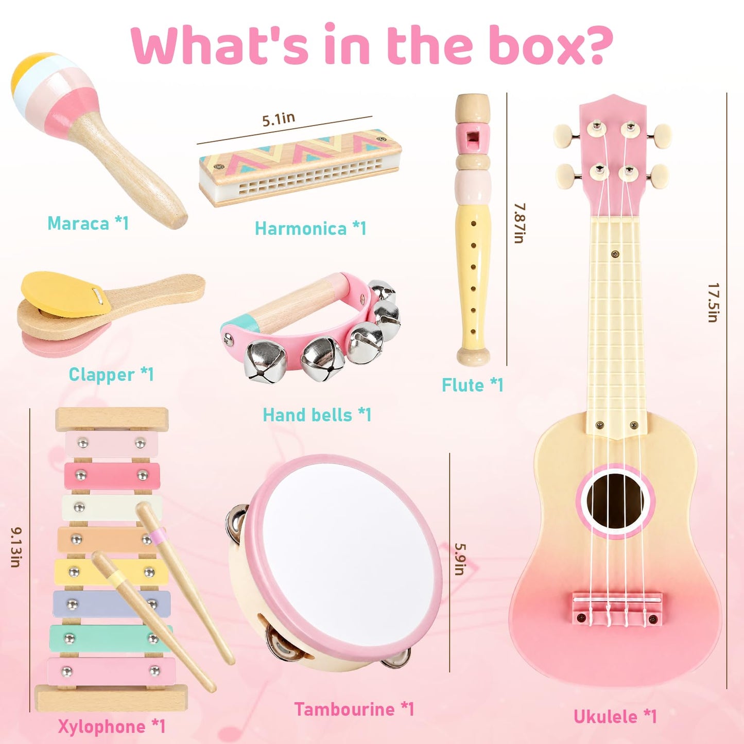 Pink Kids Guitar Set - 8 in 1 Toddler Montessori Musical Instruments