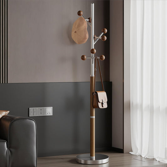 WOOW DEPOT Coat Rack Freestanding, Metal Coat Tree with 9 Rubber Wood Hooks, Heavy Duty Coat Hanger Stand with Marble and Stainless Steel Base, Standing Hall Tree for Clothes, Hats, Bags, Jacket