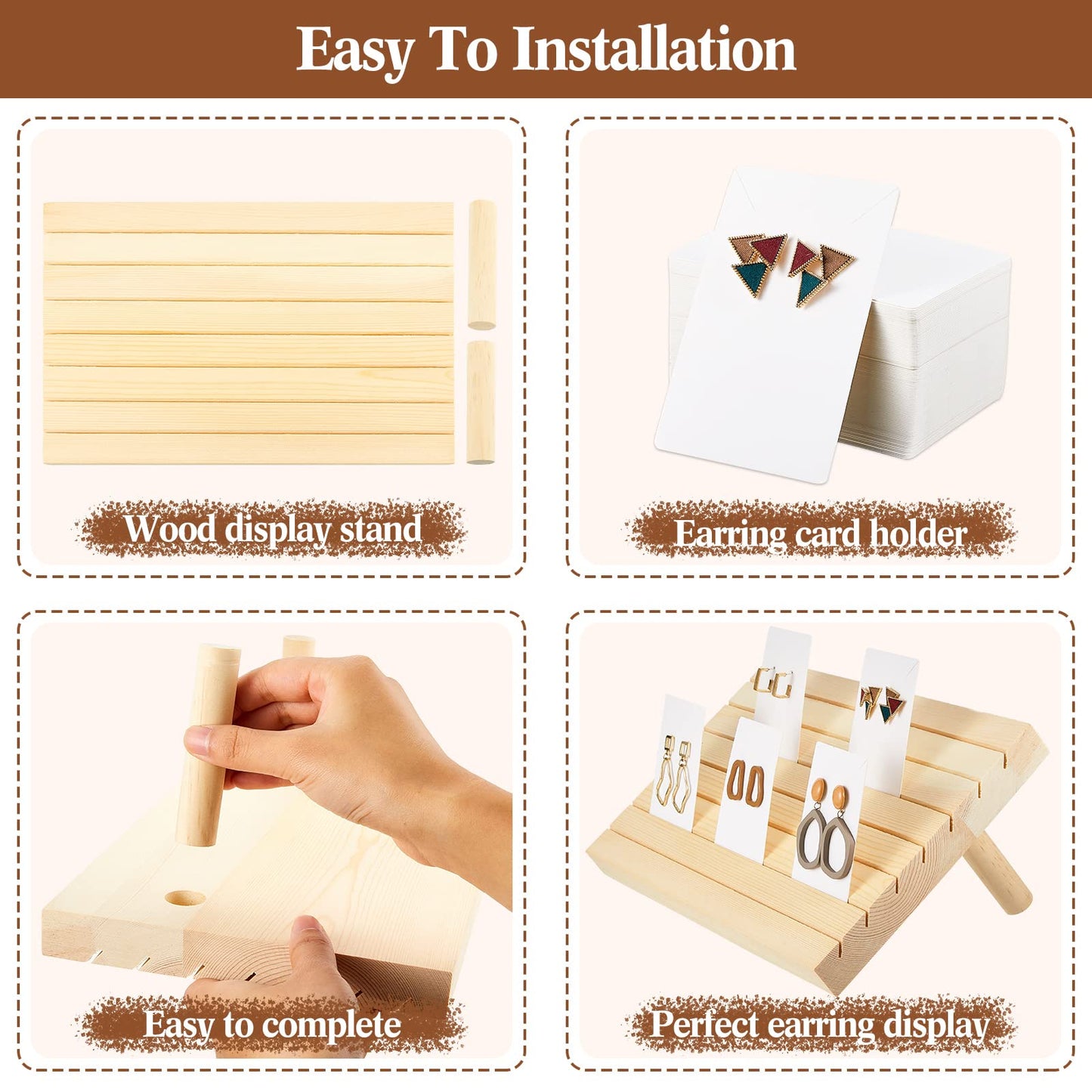 Marsui 124 Pcs Wood earring card display wooden earring display stand 4 Set Jewelry stand holder with Card for Jewelry Selling(Wood Color)