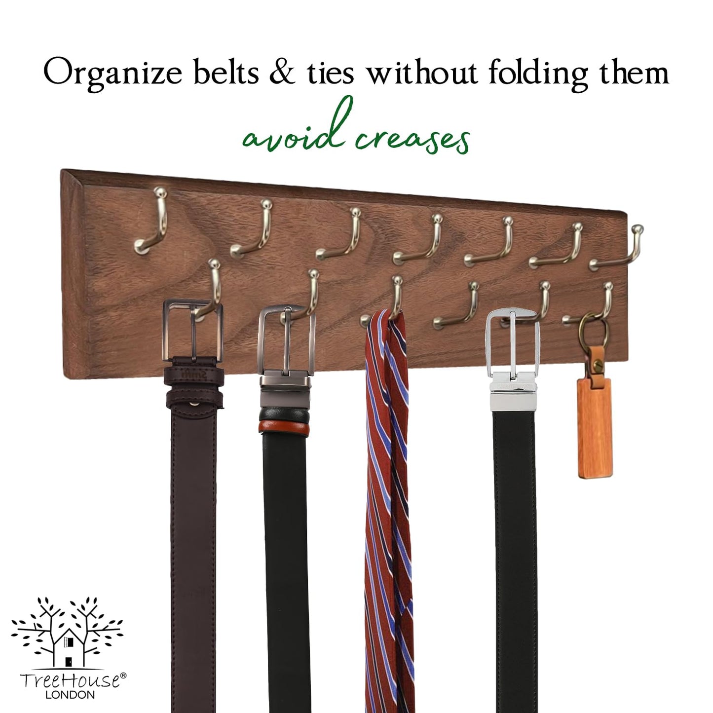 Treehouse Belt Organizer Rack, Holds Over 28 Large Belts, Sturdy Metal & Sturdy Wood Storage Holder for Closet, Versatile, Wall Mounted Belt & Tie Display Hanger for Bedroom - (Walnut) 4.25''Hx16''L