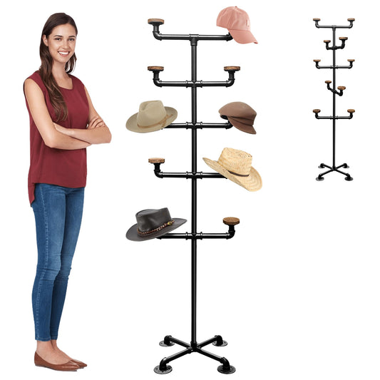 Montex Hat Rack Stand, Metal Hat Display Rack, Standing Hat Rack with 10 Hooks, Pipework Hat Stands for Hanging Hats and Wigs，Black