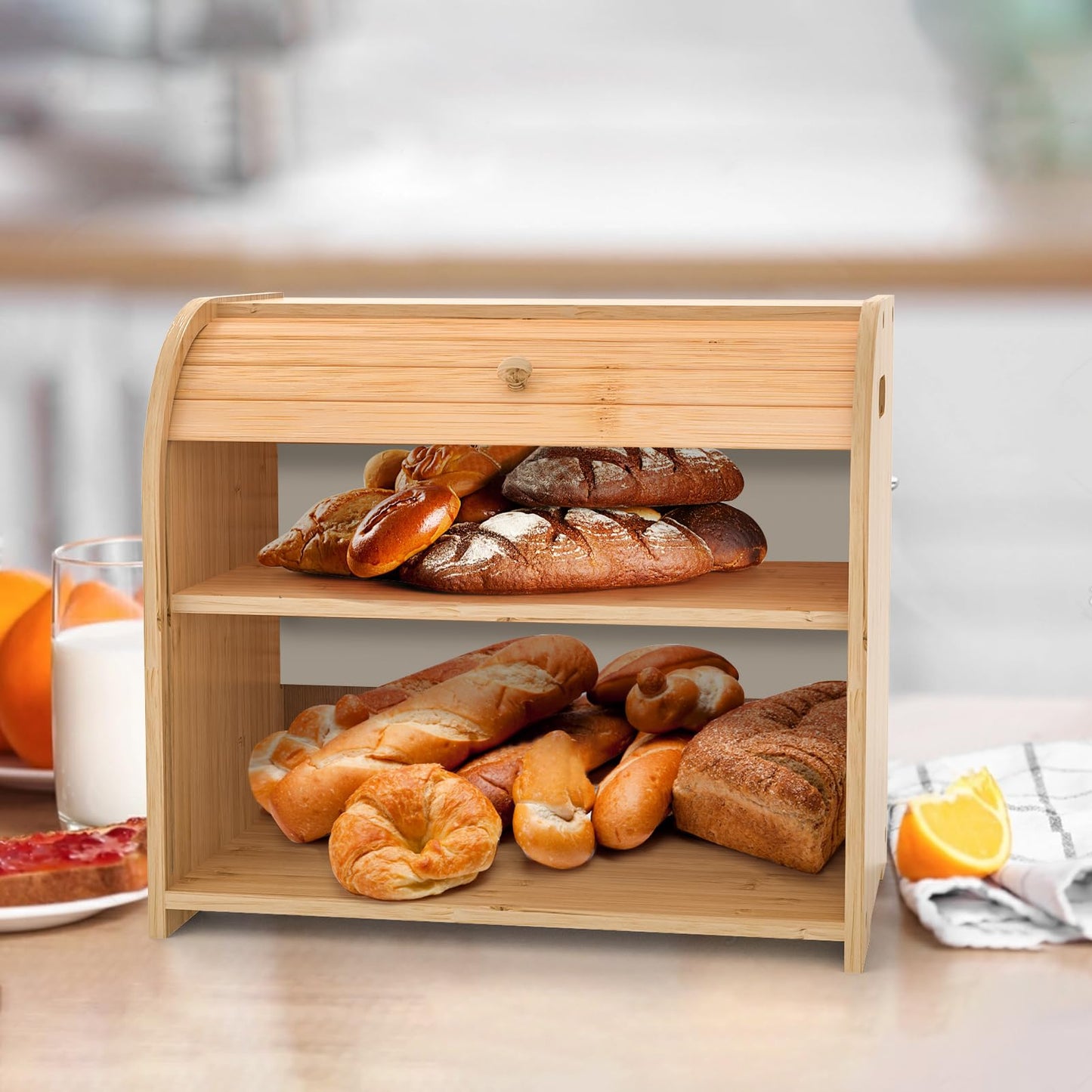 FoverOne Bamboo Bread Box for Kitchen Countertop, Roll-top Breadbox Breads Storage Boxe with Adjustable Middle Shelf