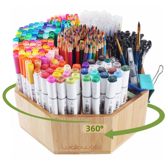 walowalo Bamboo Rotating Art Supply Organizer Caddy Holds 800+ Pencils Spinning Crayon 160 Marker Holder Desk Brush Colored Pencil Storage for Office Classroom Organization Stationary (Larger VER)