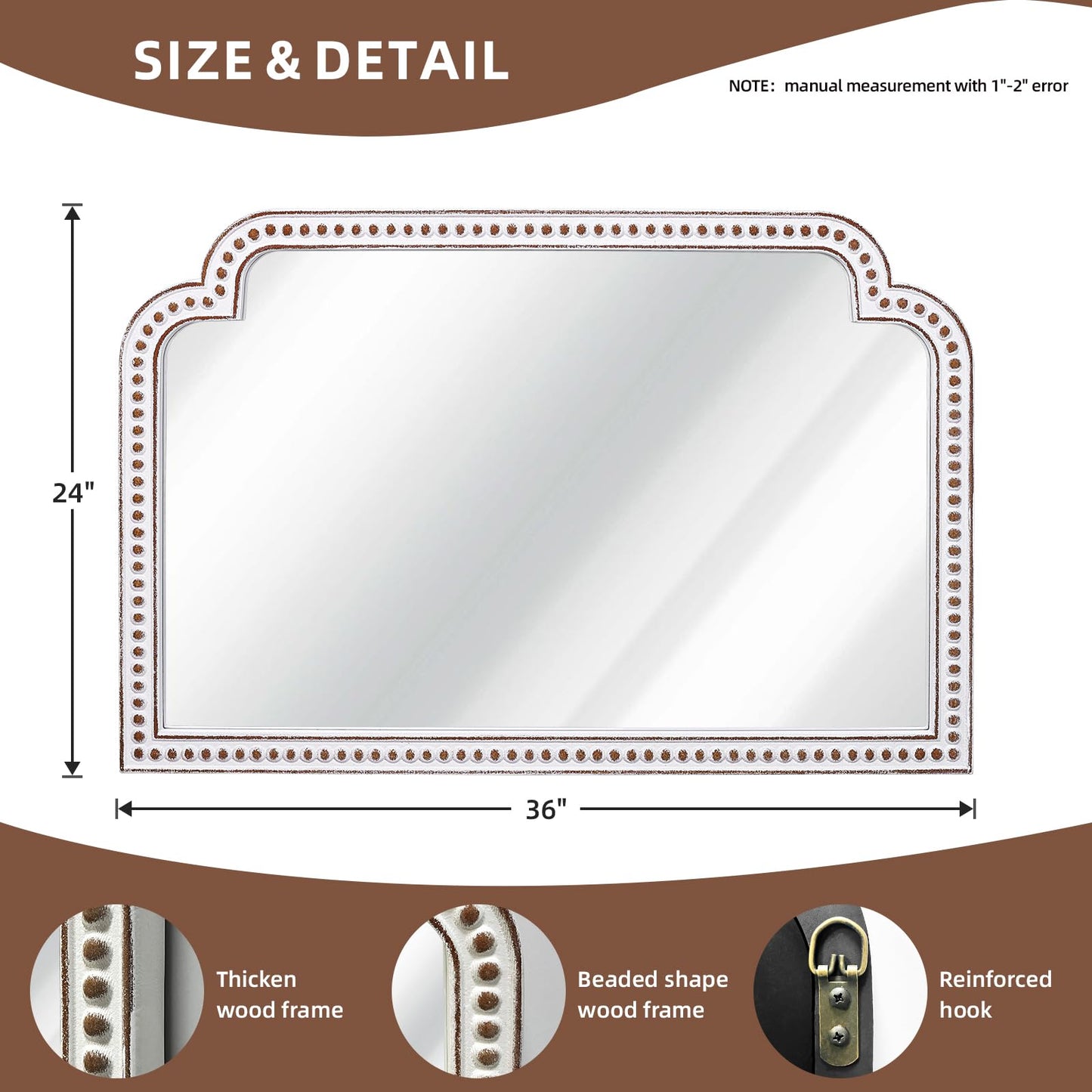 24x36 Inch Ornate Scalloped Arch Mirror, Wooden Antique Beaded Wall Mirrors