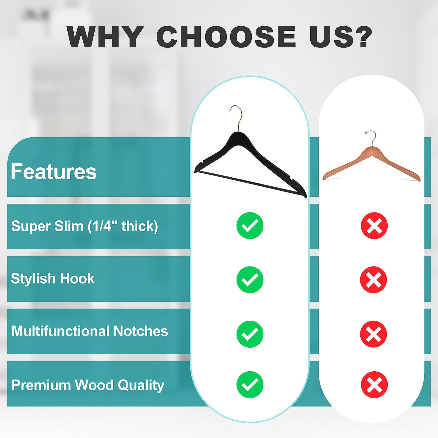 20 Luxury 16.5" Ultra Thin Space Saving Black Wooden Hangers, 360 Degree Swivel Hook, Best for Suit, Coat, Shirts, Blouses, Pant, Dress Hangers Black with Gold Hook