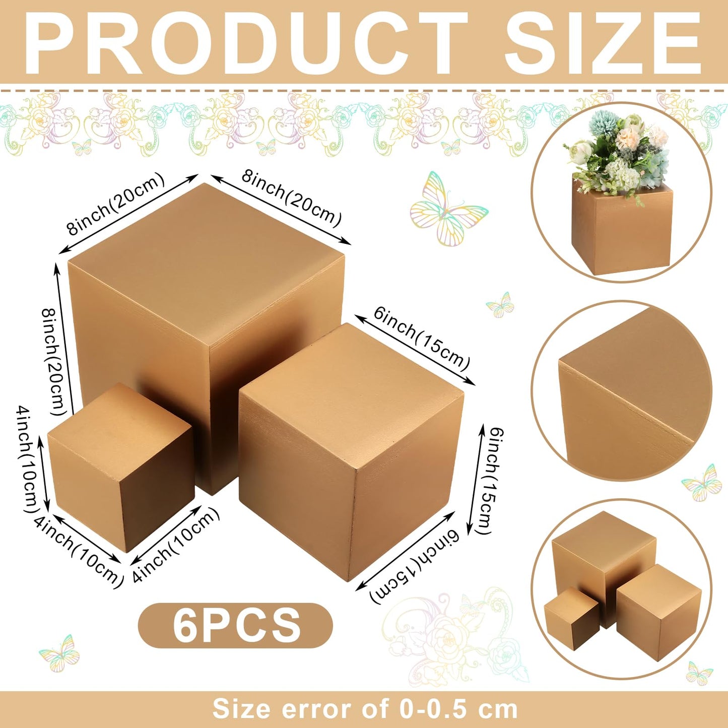 BBTO 6 Pcs Wooden Gold Buffet Risers, 3 Sizes Gold Wood Display Stands for Dessert Table, Countertop Square Cube Display Risers for Wedding Centerpieces Party Food Jewelry Plant Photography Props