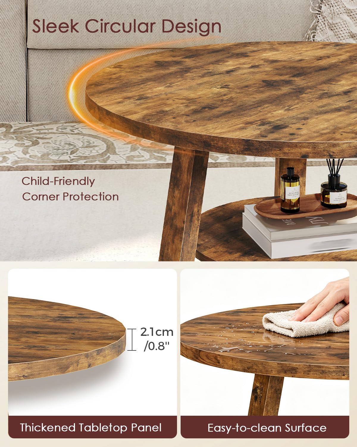 SANYOUNG Round Coffee Table, Small 2-Tier Center Table for Small Spaces