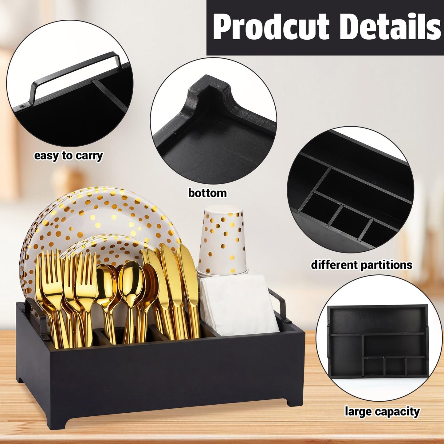 LemonRoad Wood Paper Plate Dispenser Rustic Silverware Utensil Caddy Cutlery Flatware Organizer with Handles 6 Compartments for Countertop Party Picnic Camping Buffet Kitchen Accessories(Black)