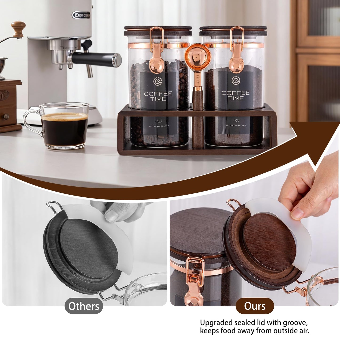 Flmeyaza Glass Coffee & Sugar Canister Set, 2×45OZ Airtight Glass Storage Jars with Wooden Shelf and Scoop, Airtight Food Containers for Coffee Beans, Ground Coffee, Sugar and Tea（Rose Gold）