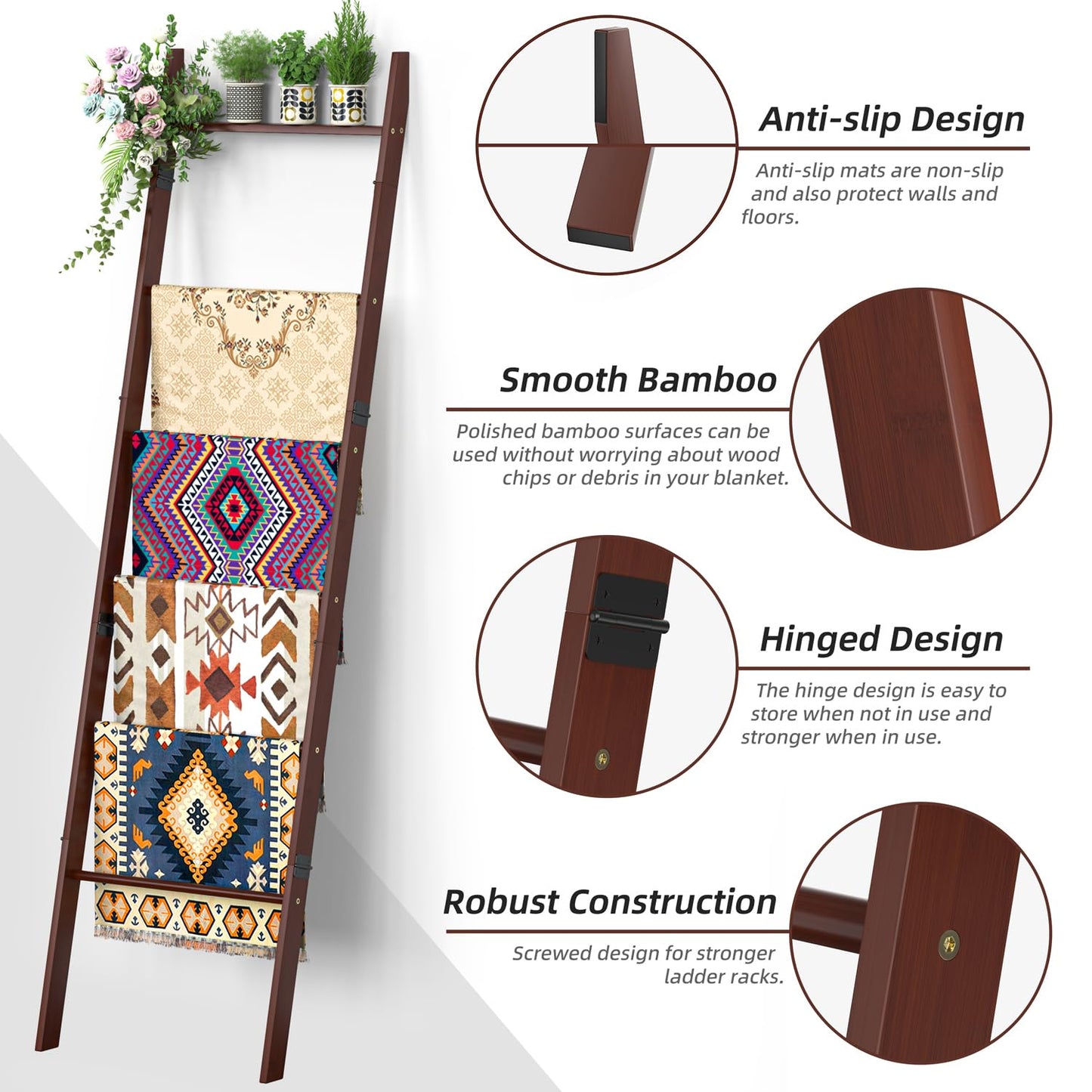BAMBANG 6-Tier Blanket Ladder for Living Room, Blanket Quilt Ladder Rack Rustic Decorative Towel Holder, Wall Leaning Blanket Ladder Shelf Storage Farmhouse Decor for Bedroom Bathroom, Brown