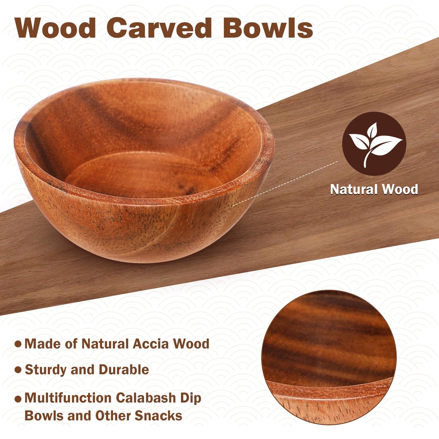 LOYIM 10 Pcs Acacia Wood Small Bowls 4 * 1.6 Inch 8 oz Hand Carved Round Wooden Salad Kitchen Mini Bowls Calabash Dip Tray Charcuterie Accessories for Serving Dipping Condiments Sauce Salsa Candy Nuts