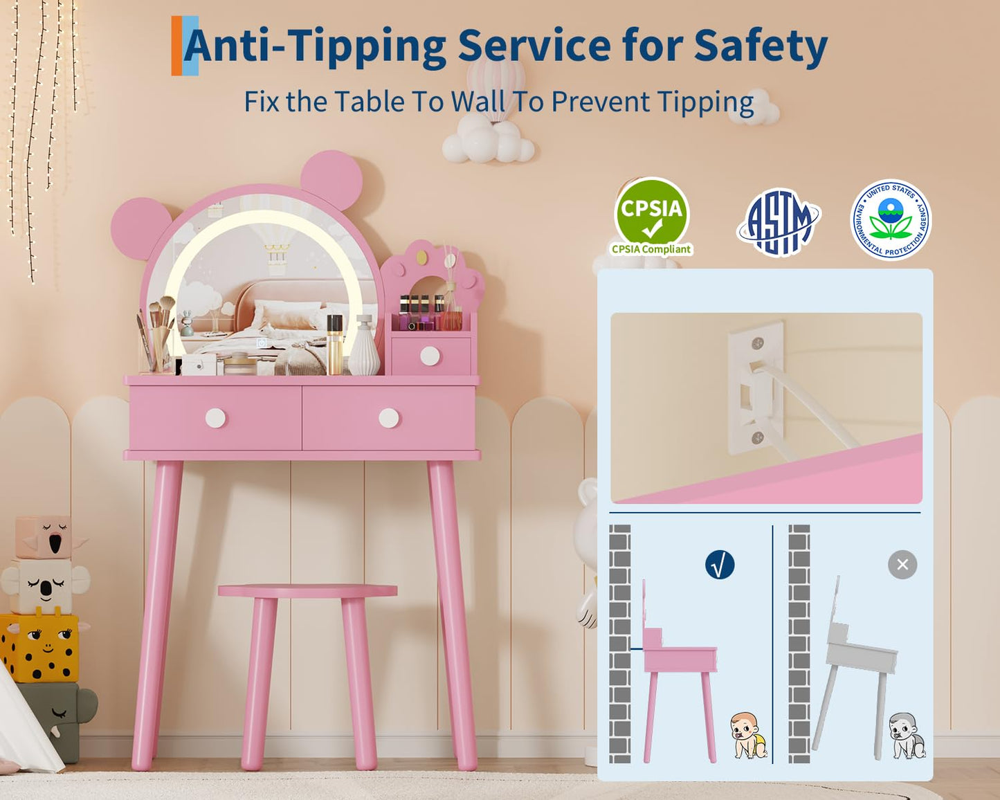 Garvee Toddler Vanity Set with Lights,Bear-Shaped Make Up Vanity Desk with Mirror&Stool,Wooden Princess Toddler Make Up Table Set for Bedroom,Pretend Play Vanity Sets for Little Girls(Pinks)