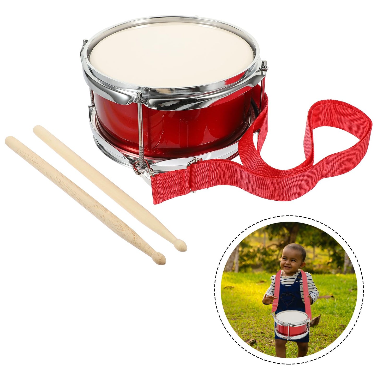 Vaguelly 9 Inch Kids Drum with Mallet and Strap, Snare Drum Wooden Percussion Musical Instrument Marching Toy for Kids 3+, Red