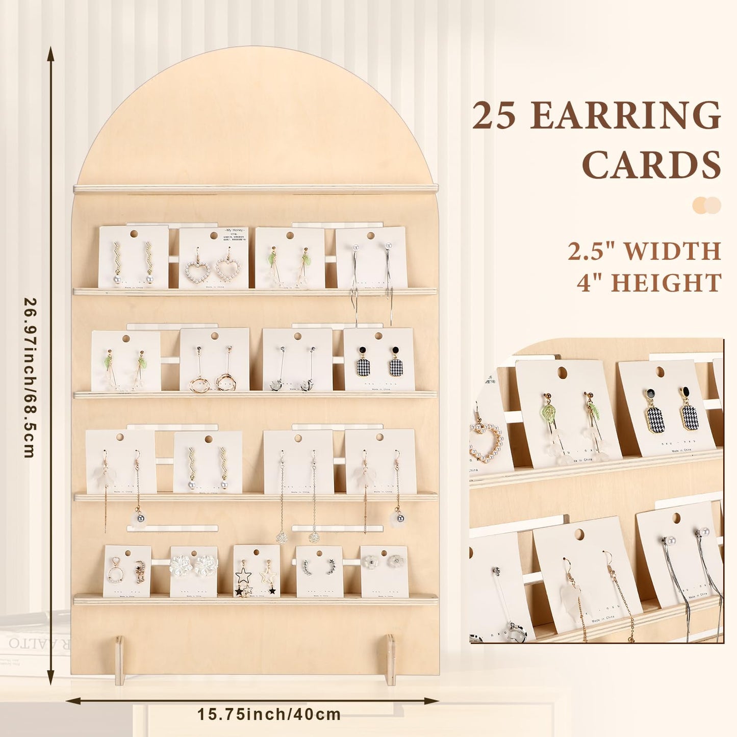 DoubleFill 1 Pcs 5 Tier Wooden Earring Display for Vendor Arch Jewelry Display Stand Rack with Adjustable Height for Retail Selling (Wood Color)
