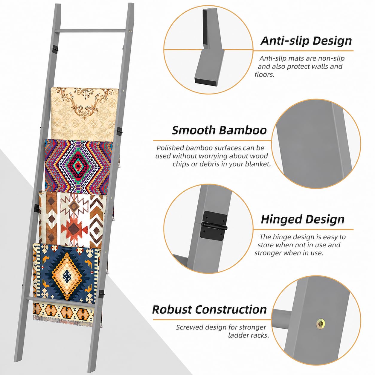 BAMBANG 6-Tier Blanket Ladder for Living Room, Blanket Quilt Ladder Rack Rustic Decorative Towel Holder, Wall Leaning Blanket Ladder Shelf Storage Farmhouse Decor for Bedroom Bathroom, Gray
