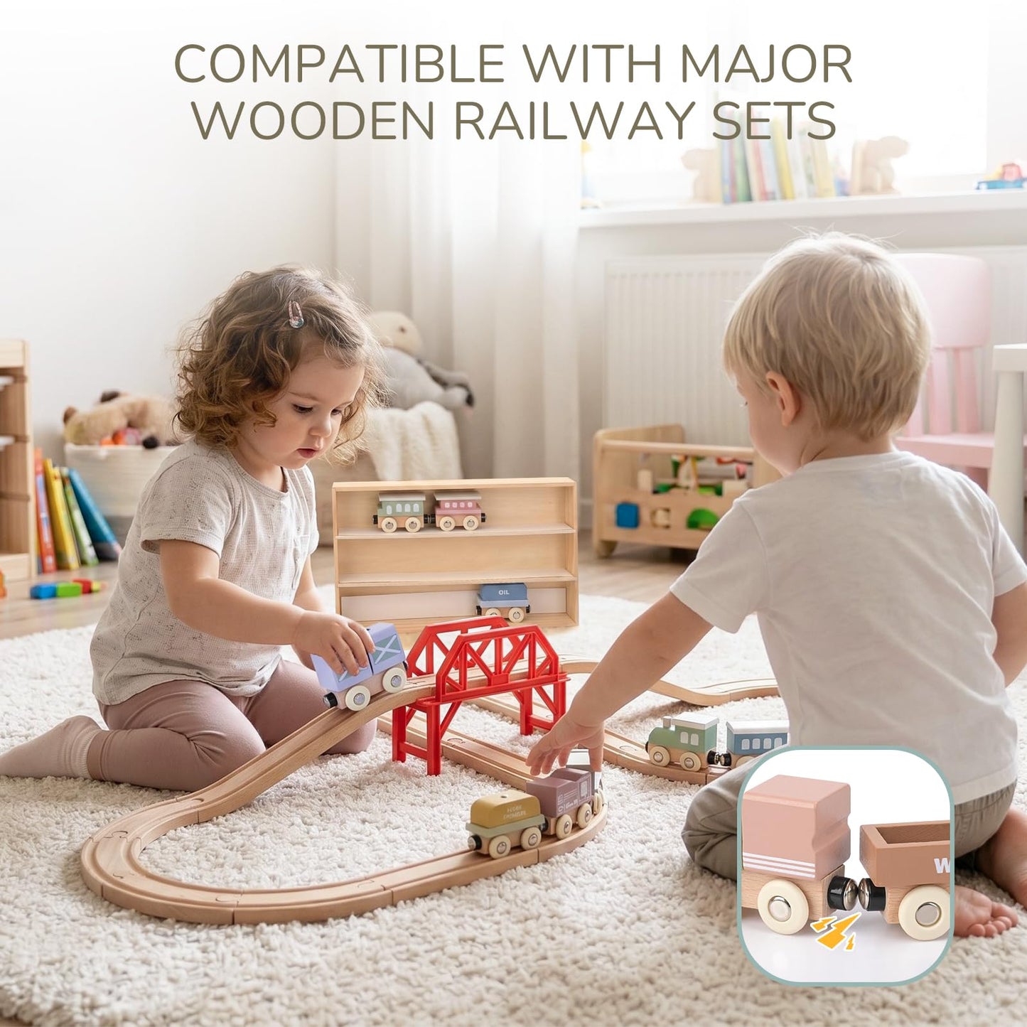 Wooden Train Set for Toddlers, 12PCS Montessori Magnetic Train Cars with Storage Gift Box, Compatible with Major Brands, Wooden Baby Stacking Blocks Toy, Birthday Gift for Boys Girls Ages 1-3 3-5+