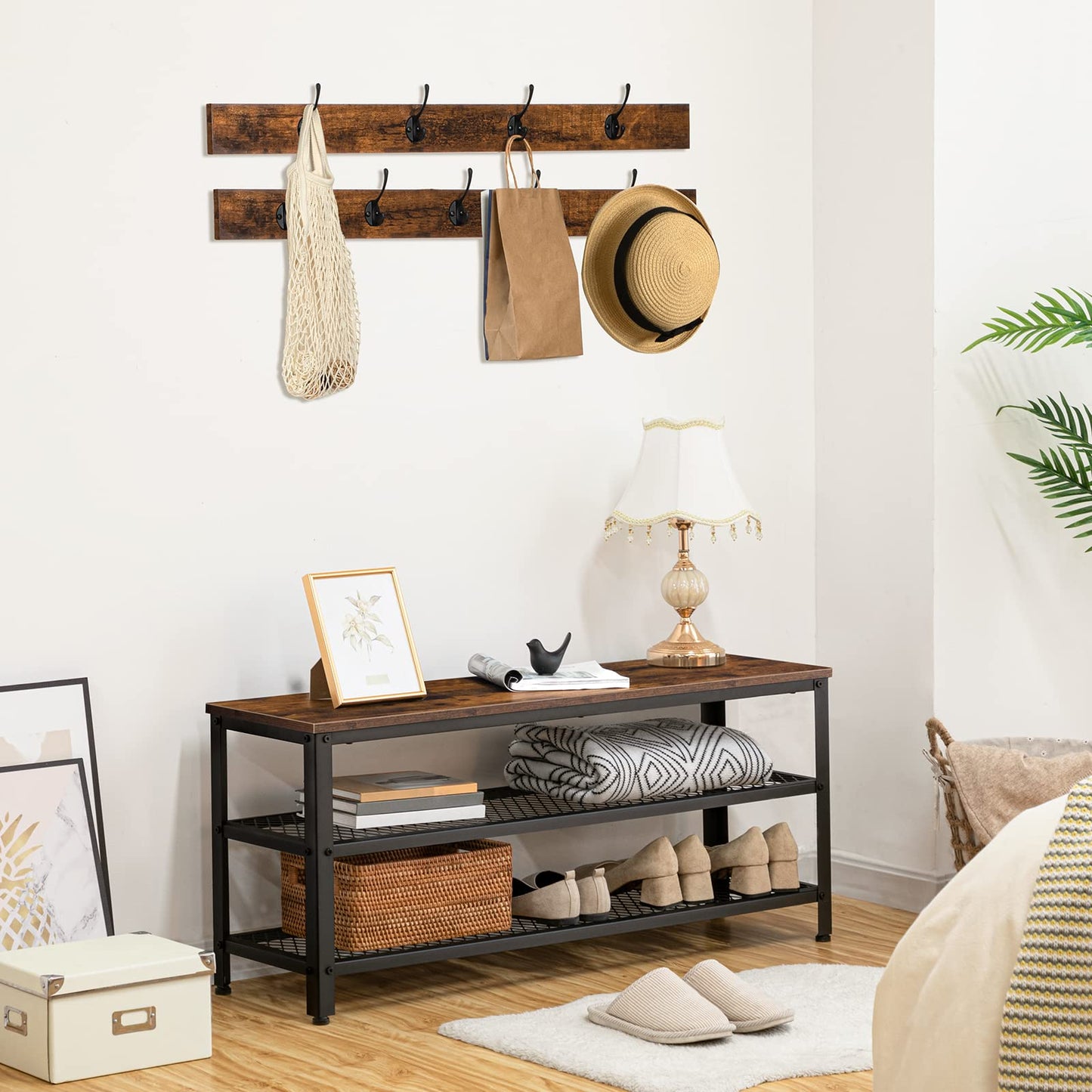 HOOBRO Extra Large Hall Tree with Shoe Bench and Coat Rack, Wood and Metal, 39.4"L x 14"W x 71.7"H