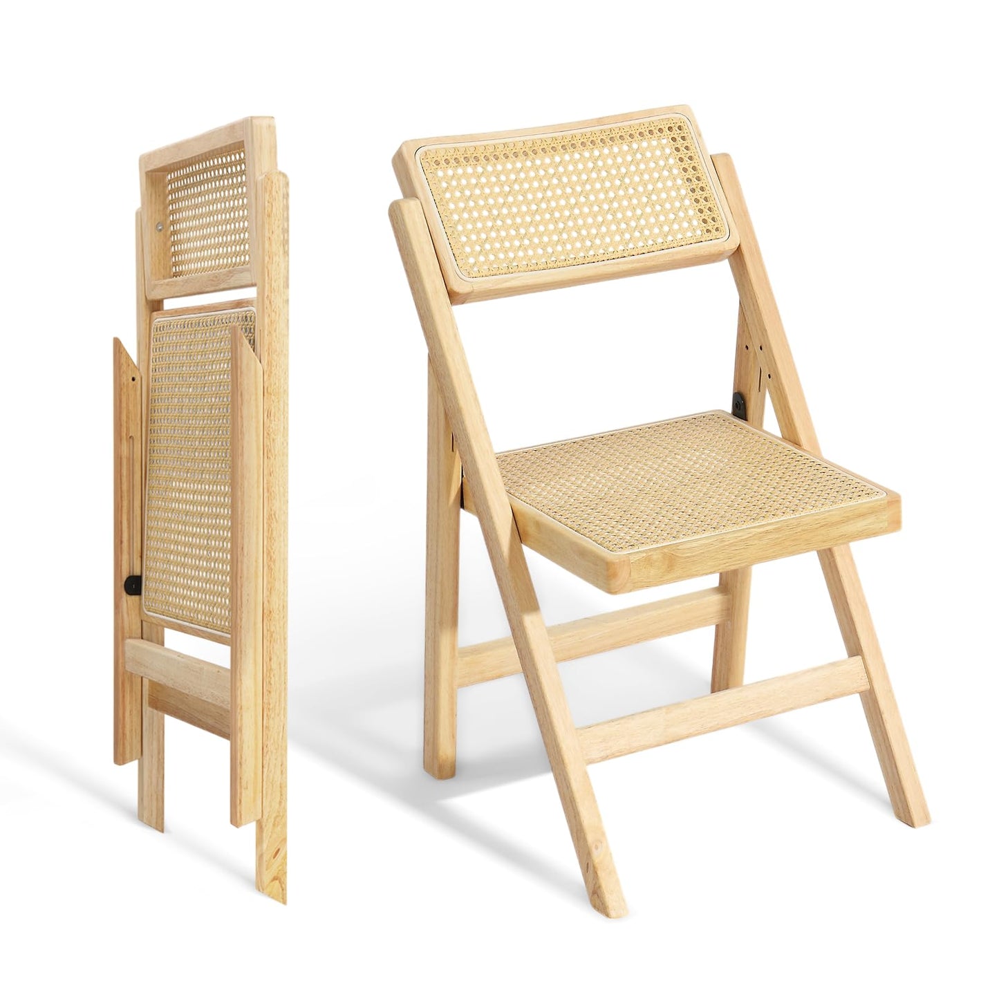 VINGLI 2 Pack Rattan Wooden Folding Chair, Dining Folding Chair with 360° Swivel Backrest, Sturdy Rubberwood Frame and Rattan Woven Seat and Back, Natural Color, Set of 2