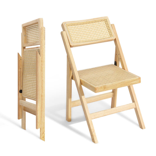 VINGLI 2 Pack Rattan Wooden Folding Chair, Dining Folding Chair with 360° Swivel Backrest, Sturdy Rubberwood Frame and Rattan Woven Seat and Back, Natural Color, Set of 2