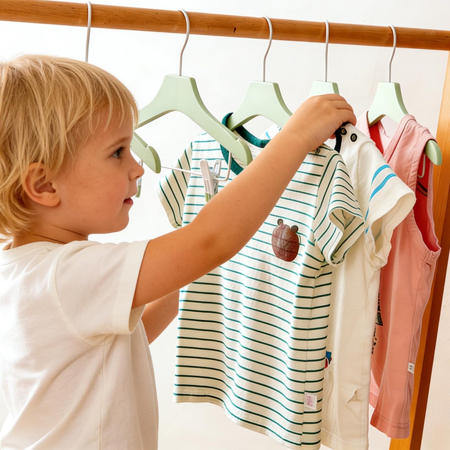 HELEE Green 12.7" Ultra-Thin Wooden Children Closet Clothes Clips Hangers 20PCS Wood Baby Kids Coat Hangers for Infant Toddler Newborn Jumpsuit Pants Skirts Jeans Space Saving Heavy Duty Durable