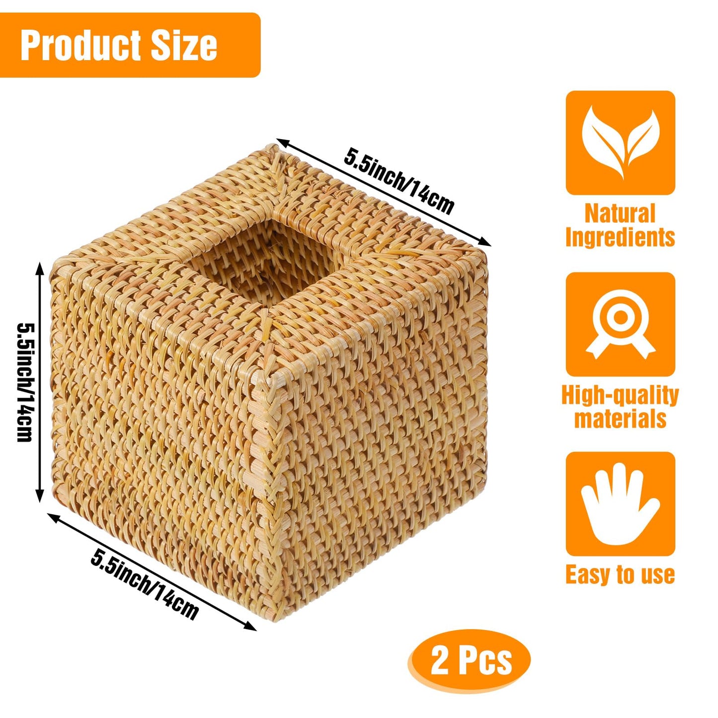 Afcabakila 2 Pack Square Rattan Tissue Box Cover, Natural Wicker Tissue Box Holder Hand Woven, Decorative Facial Tissue Holder for Bathroom, Living Room, Office, Car, 5.5 x 5.5 x 5.5 Inches