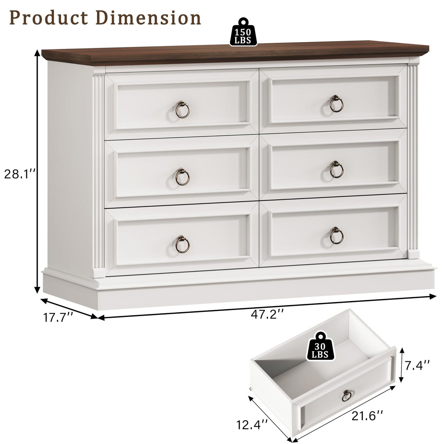 HUAHUU Farmhouse 6 Drawer Dresser for Bedroom, 47" Wide Chest of Drawers with Roman Column, White Wood Dresser with Antique Bronze Circle Handles, Storage Organizer for Living Room, Hallway, Entryway