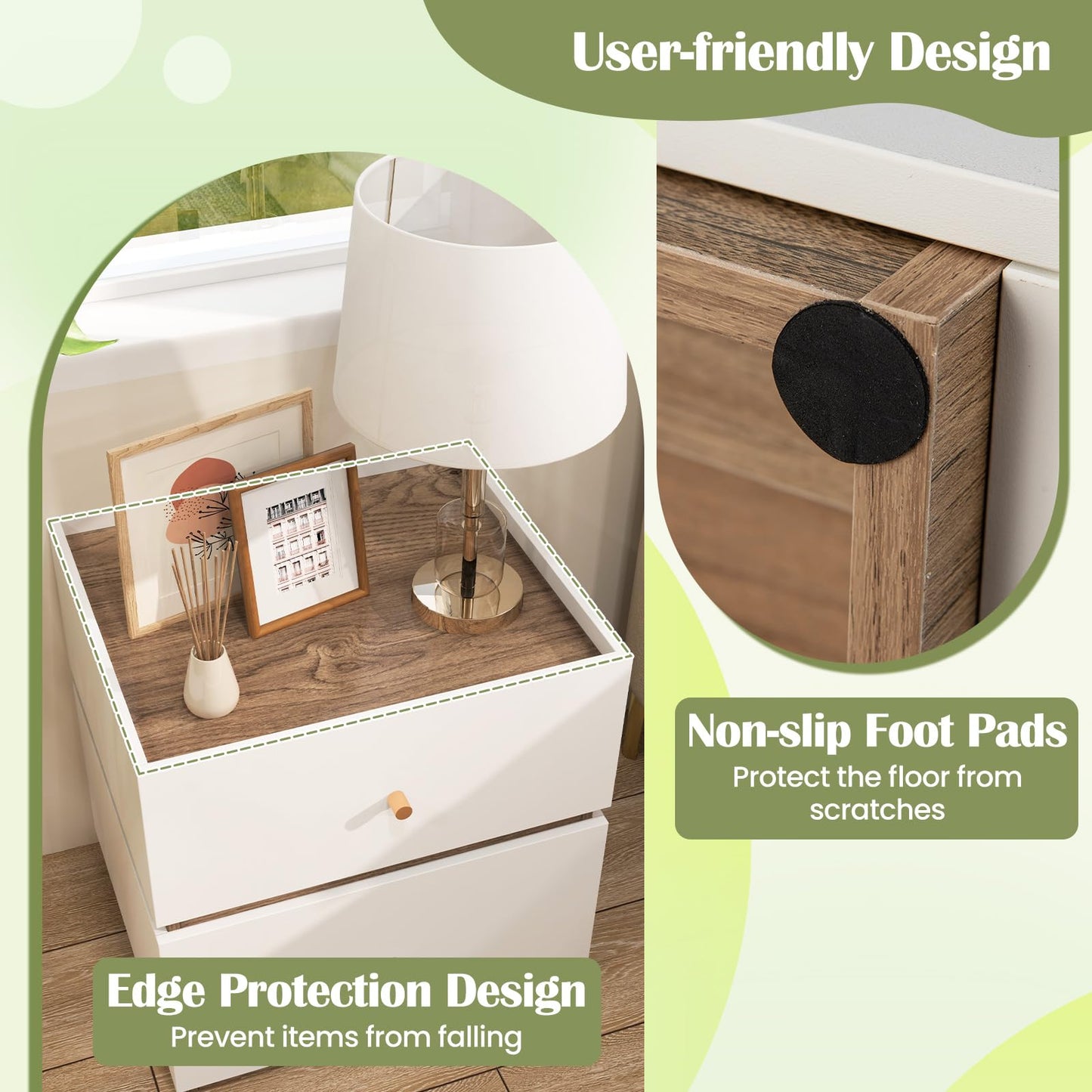 Giantex Modern Nightstand with 2 Storage Drawers, Wooden Night Stand with Raised Edge, Floor Sofa Side Table, 2-Drawer Bedside Table for Bedroom Small Spaces, 18" W x 15.5" D x 18" H, Natural & White