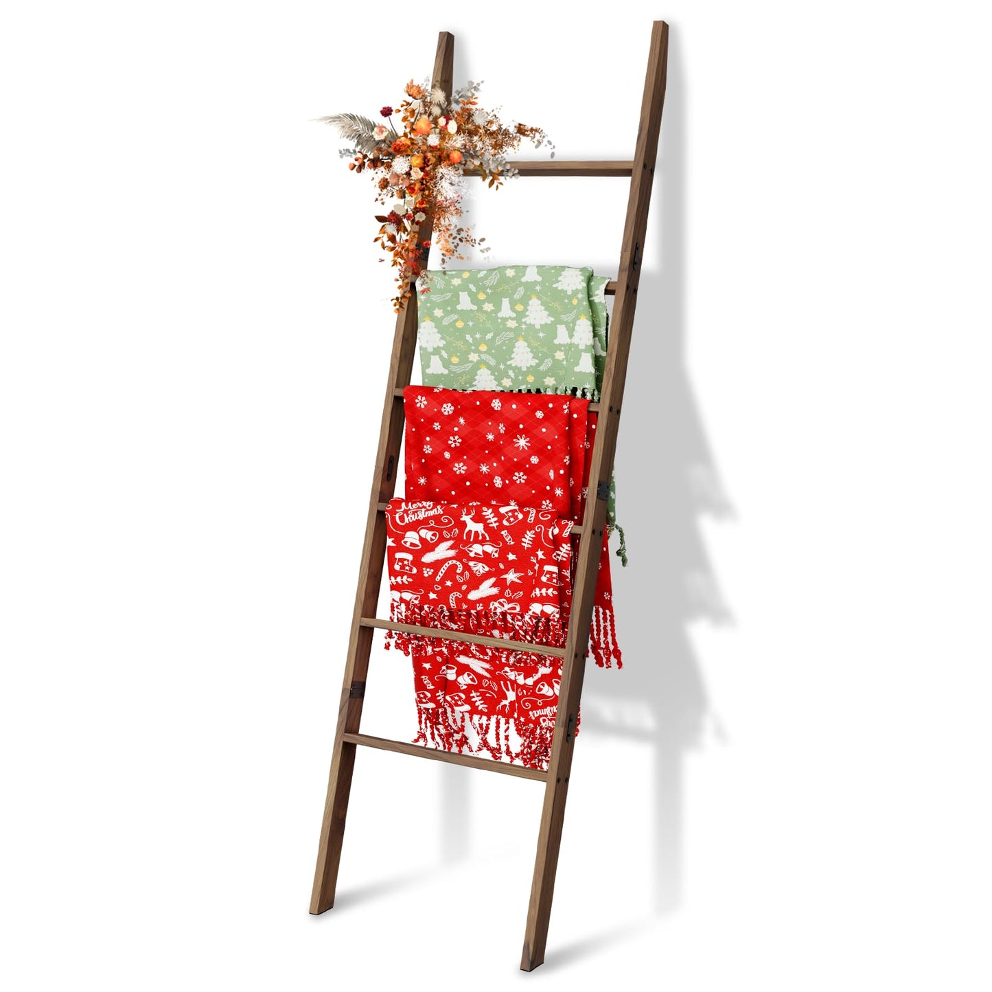 Acacia Wood 6-Tier Blanket Ladder, 5.7FT(66.5'') Blanket Quilt Towel Holder Rack Decorative Ladder Wooden, Easy Assembly, Rustic Farmhouse Ladder Shelf for the Living Room Bedroom Bathroom Home Decor