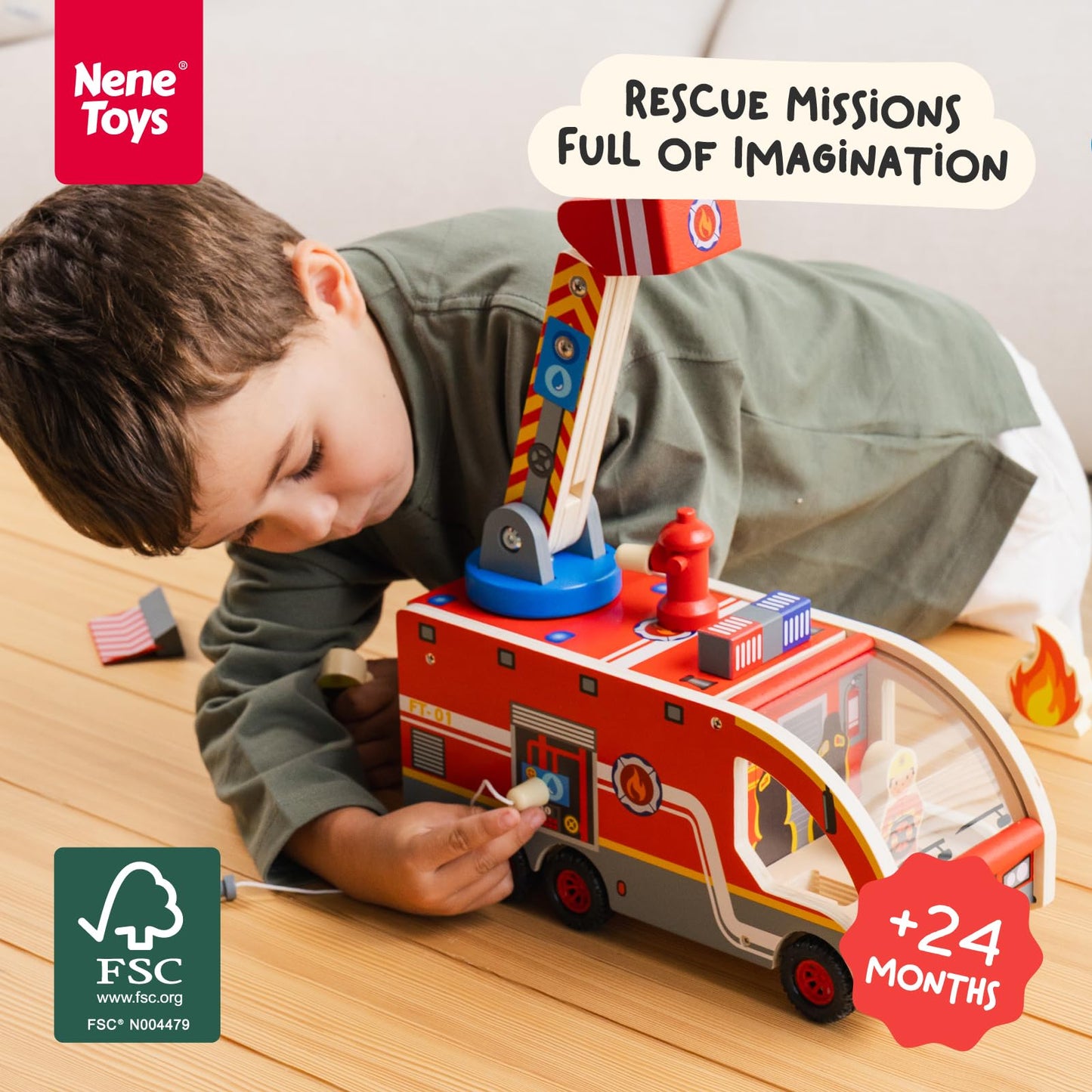 Nene Toys Wooden Fire Truck Toy Set – FSC Fire Engine with Rotating Ladder, Magnetic Hose, Hydrant, 3 Firefighters, Dalmatian & Accessories – Durable Wood Truck Toy for Kids 2+