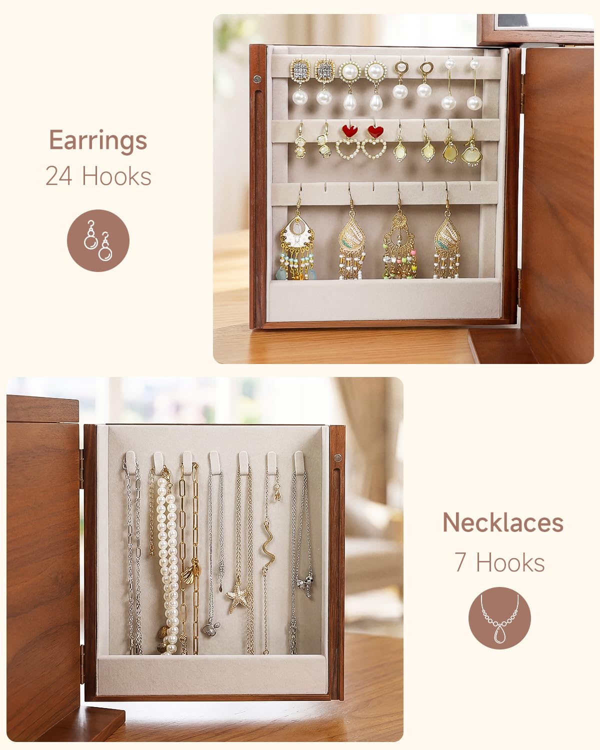 Homruilink Black Walnut Wooden Jewelry Box Wood Jewelry Organizer with 2 Side Doors Mirror Lockable Classical Style for Watch Necklace Ring Earring Storage, Fathers Day Gift-5 Layer